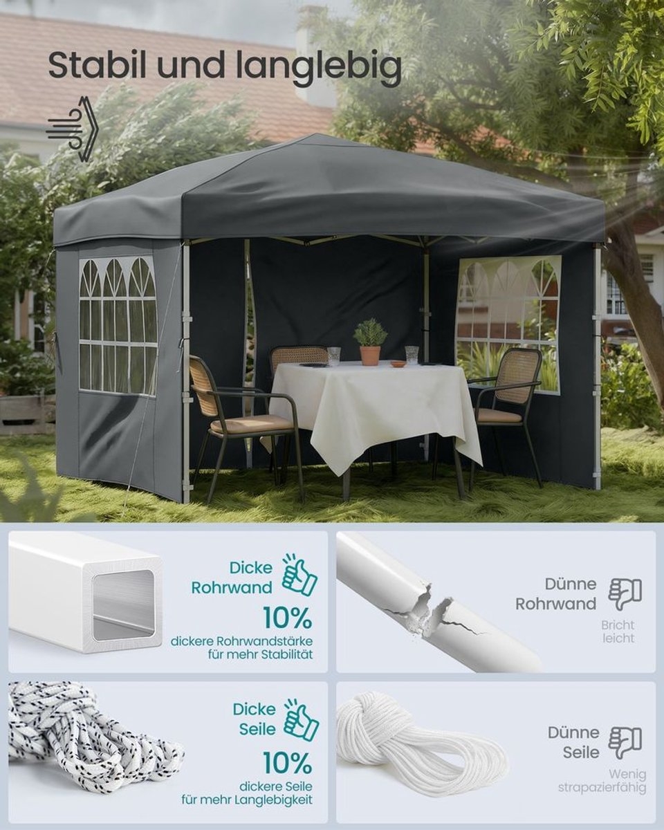 Partytent - vouwpaviljoen 3x3 m - met zijwanden - voor tuin en feesten met 4 zijwanden donkergrijs - Image 3
