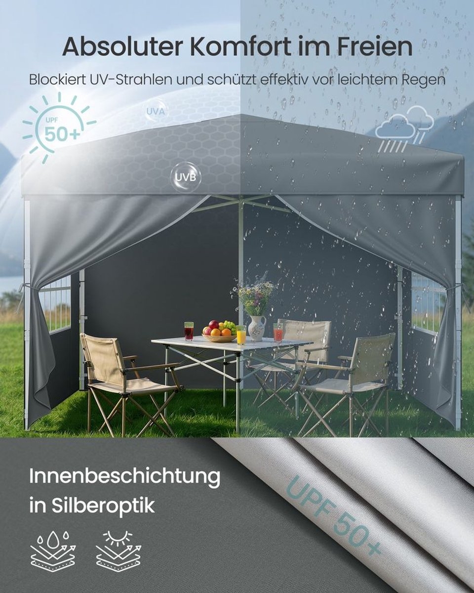 Partytent - vouwpaviljoen 3x3 m - met zijwanden - voor tuin en feesten met 4 zijwanden donkergrijs - Image 4