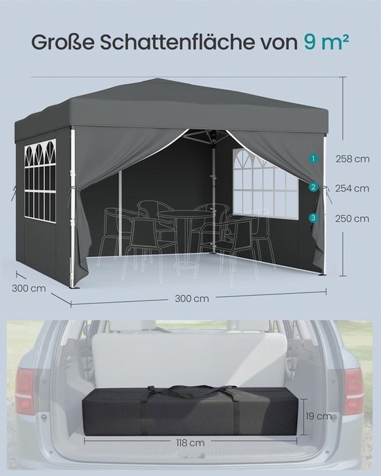Partytent - vouwpaviljoen 3x3 m - met zijwanden - voor tuin en feesten met 4 zijwanden donkergrijs - Image 5