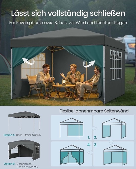 Partytent - vouwpaviljoen 3x3 m - met zijwanden - voor tuin en feesten met 4 zijwanden donkergrijs - Image 7