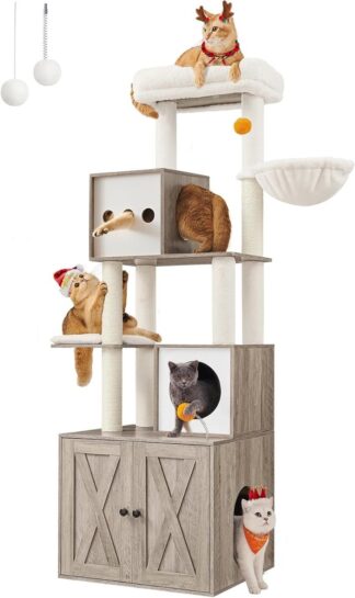 Kattenkrabpaal - kattenboom – hoogte 185 cm - met geïntegreerde kattenbakkast – grijs - PCT116G01