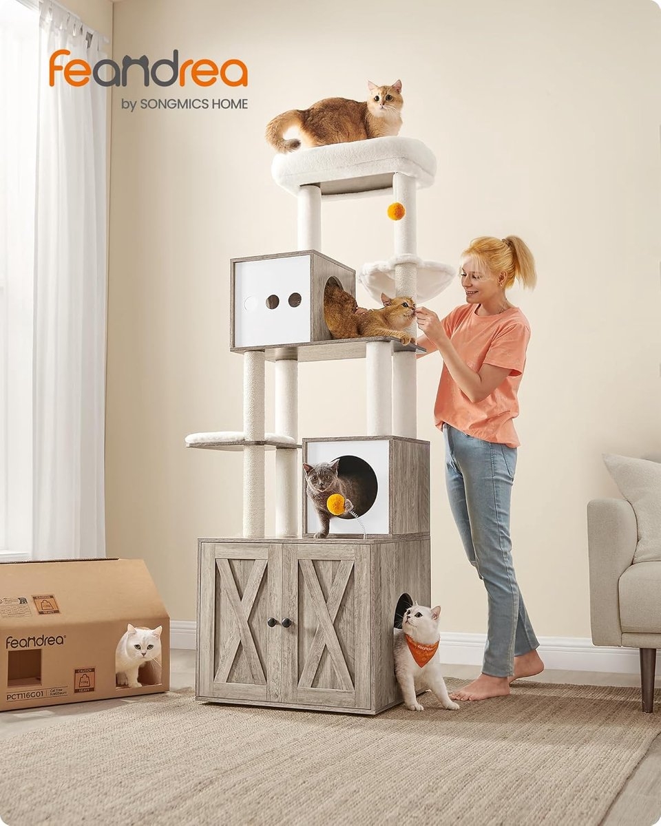Kattenkrabpaal - kattenboom – hoogte 185 cm - met geïntegreerde kattenbakkast – grijs - PCT116G01 - Image 2