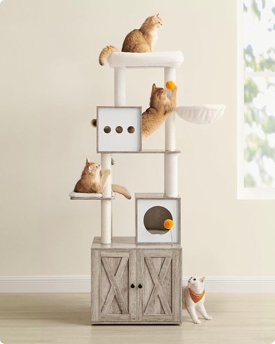 Kattenkrabpaal - kattenboom – hoogte 185 cm - met geïntegreerde kattenbakkast – grijs - PCT116G01 - Image 4