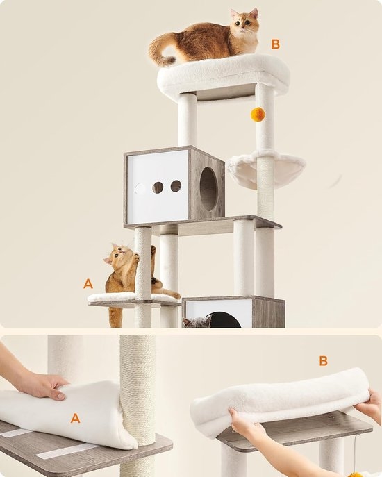 Kattenkrabpaal - kattenboom – hoogte 185 cm - met geïntegreerde kattenbakkast – grijs - PCT116G01 - Image 8