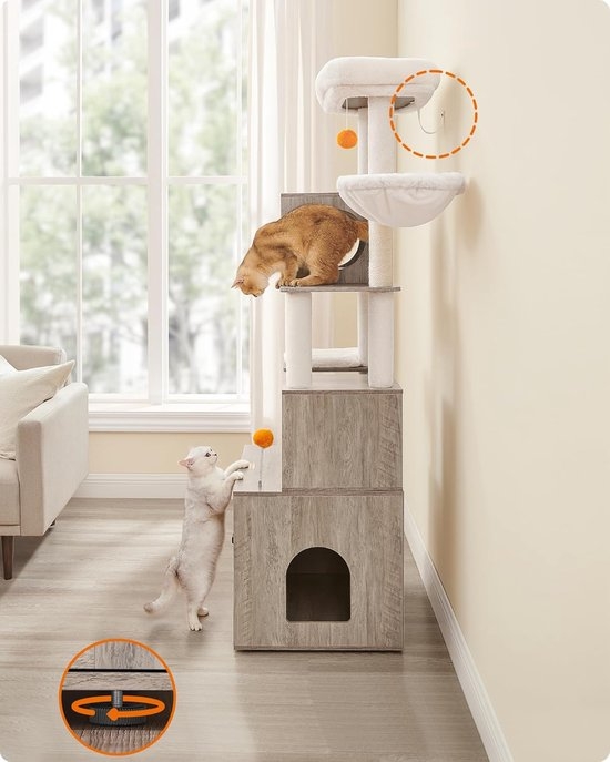 Kattenkrabpaal - kattenboom – hoogte 185 cm - met geïntegreerde kattenbakkast – grijs - PCT116G01 - Image 9