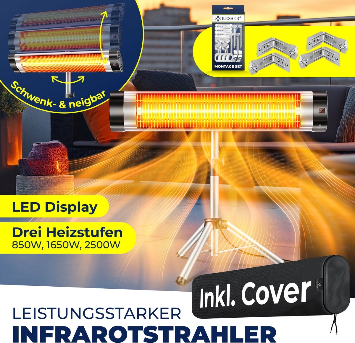 Infraroodstraler - Terrasverwarmer - Infrarood Verwarming - Patiostraler 2500W met afstandsbediening incl. beschermhoes in hoogte verstelbare telescoopstandaard Wikkeltafel Patiostraler Kwartsstraler Infraroodstraler - 2500W - Image 10