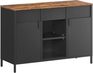 Dressoir - opbergkast woonkamer en keuken - 110 cm - dubbele deuren met magneetsluiting - verstelbare planken - stalen frame - bruin met zwart - LSC204B