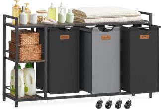 Wasmand met 3 compartimenten - 150 liter wassorteerder - rollende waskar met planken - verwijderbare voeringen - 6 labels, kastanjebruin, inktzwart en duifgrijs -  BLH312B
