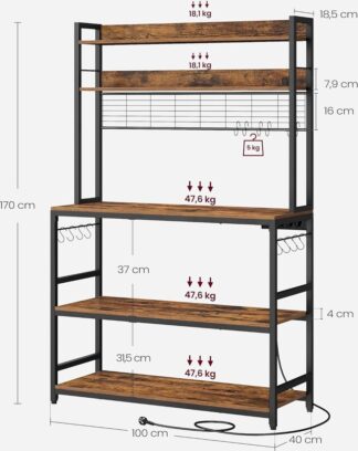 Keukenrek - magnetronkast met stopcontacten - magnetronrek - hoogte 170 cm - vintagebruin-zwart - KKS038B