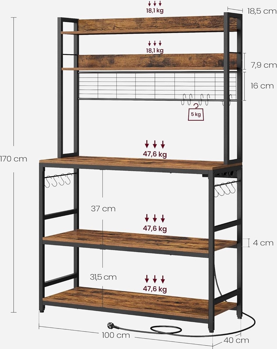 Keukenrek - magnetronkast met stopcontacten - magnetronrek - hoogte 170 cm - vintagebruin-zwart - KKS038B