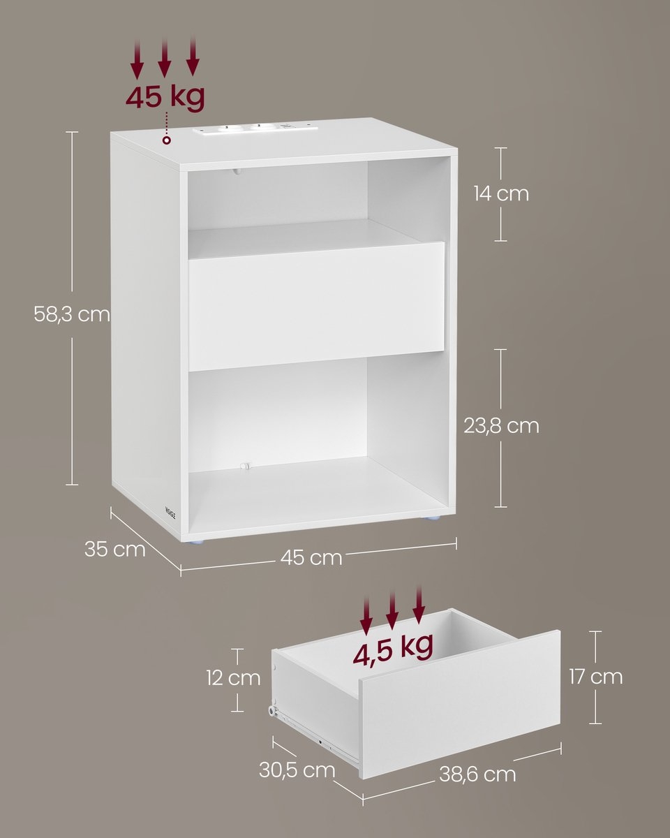 VASAGLE - Nachtkastje - Met Stopcontacten - Met Lade - Voor Slaapkamer en Woonkamer - LET777w - Image 2