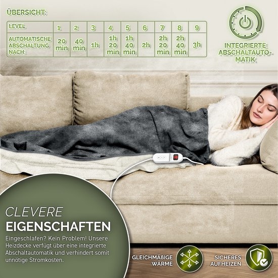 Elektrische Deken 200x180 cm - automatische uitschakeling - warmtedeken met 9 temperatuurniveaus - wasbaar - met timer en digitaal display - Image 8