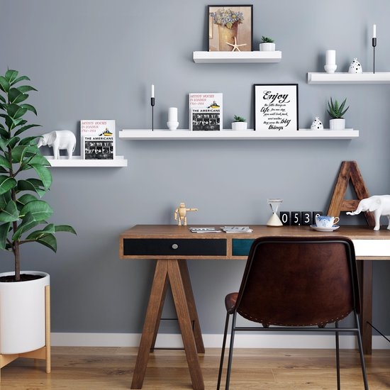 Vrijhangende boekenplanken - set van 3 - zwevende planken - 38 cm lang - hoogglans oppervlak - voor fotolijstjes en boeken, 38 x 10 cm, moderne planken, wit LWS38W - Afbeelding 2