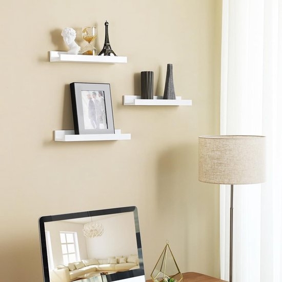 Vrijhangende boekenplanken - set van 3 - zwevende planken - 38 cm lang - hoogglans oppervlak - voor fotolijstjes en boeken, 38 x 10 cm, moderne planken, wit LWS38W - Afbeelding 3