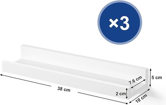 Vrijhangende boekenplanken - set van 3 - zwevende planken - 38 cm lang - hoogglans oppervlak - voor fotolijstjes en boeken, 38 x 10 cm, moderne planken, wit LWS38W - Afbeelding 7