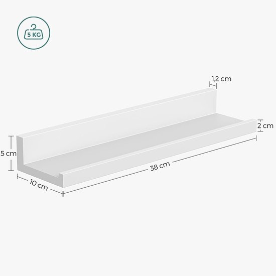 Vrijhangende boekenplanken - set van 3 - zwevende planken - 38 cm lang - hoogglans oppervlak - voor fotolijstjes en boeken, 38 x 10 cm, moderne planken, wit LWS38W - Afbeelding 9