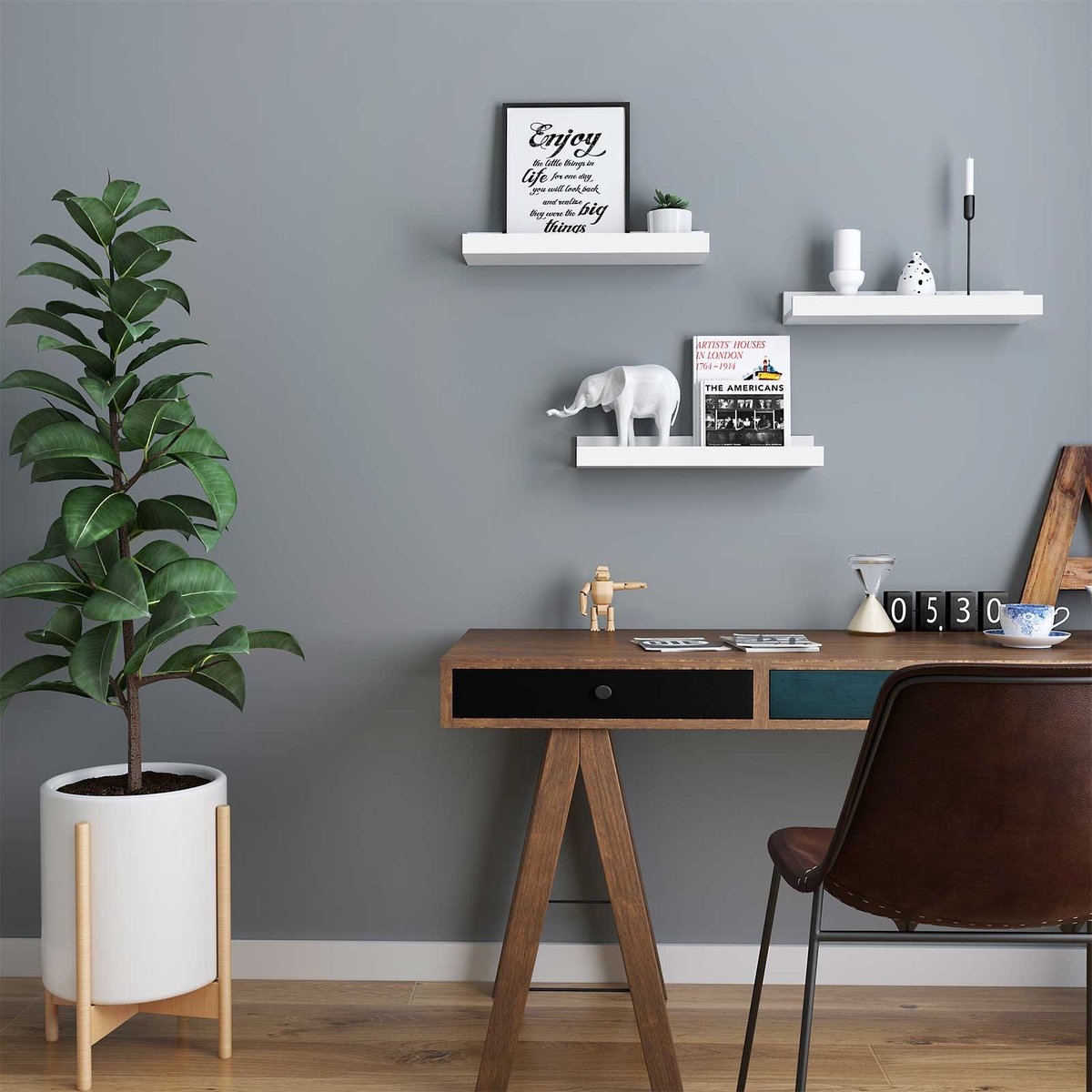 Vrijhangende boekenplanken - set van 3 - zwevende planken - 38 cm lang - hoogglans oppervlak - voor fotolijstjes en boeken, 38 x 10 cm, moderne planken, wit LWS38W - Afbeelding 13