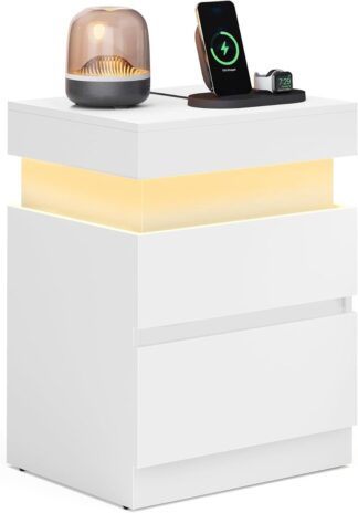 Nachtkastje met stekkerdoos, schuifdeksel, 2 laden, ledstrip, klein bijzettafel, moderne stijl, 35 x 40 x 55 cm, sneeuwwit LET640WB