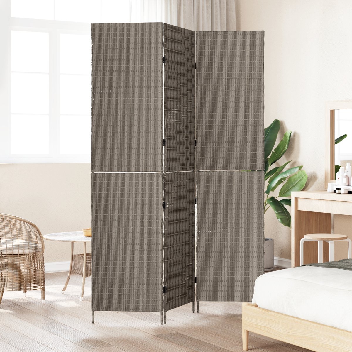 Kamerverdeler - Grijs - 146x180 cm - 180 cm hoog - poly - rattan