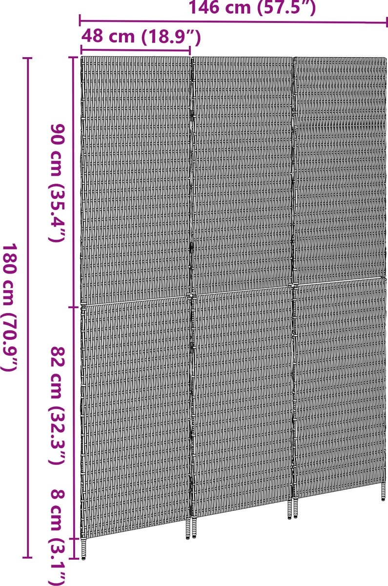 Kamerverdeler - Grijs - 146x180 cm - 180 cm hoog - poly - rattan - Afbeelding 11