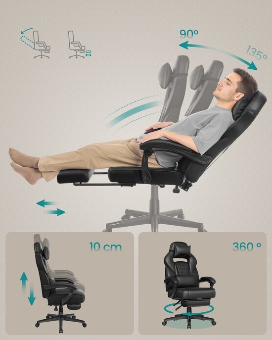 SONGMICS - Gaming Stoel - bureaustoel - gamingchair - Met Hoofdsteun en Lendenkussen - In Hoogte Verstelbaar - OBG073BH - Afbeelding 4