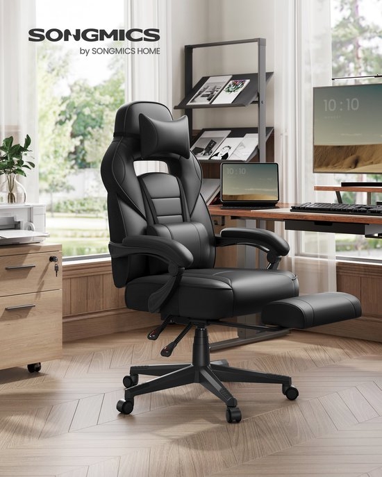 SONGMICS - Gaming Stoel - bureaustoel - gamingchair - Met Hoofdsteun en Lendenkussen - In Hoogte Verstelbaar - OBG073BH - Afbeelding 5