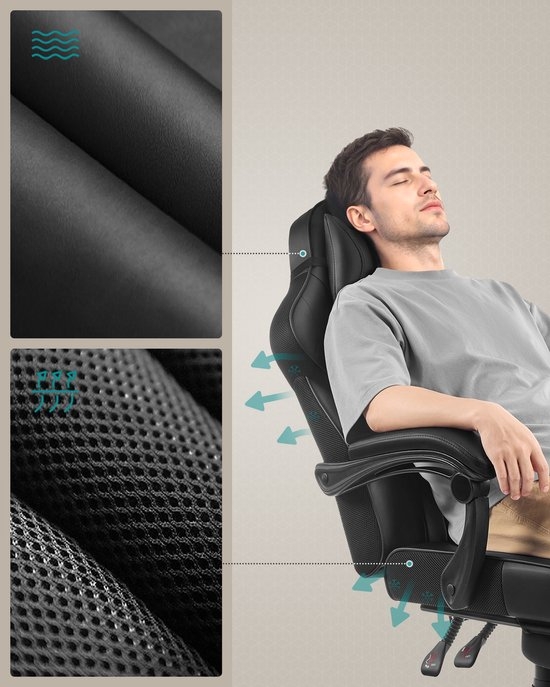 SONGMICS - Gaming Stoel - bureaustoel - gamingchair - Met Hoofdsteun en Lendenkussen - In Hoogte Verstelbaar - OBG073BH - Afbeelding 6