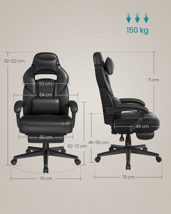 SONGMICS - Gaming Stoel - bureaustoel - gamingchair - Met Hoofdsteun en Lendenkussen - In Hoogte Verstelbaar - OBG073BH - Afbeelding 7