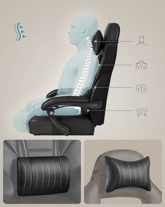 SONGMICS - Gaming Stoel - bureaustoel - gamingchair - Met Hoofdsteun en Lendenkussen - In Hoogte Verstelbaar - OBG073BH - Afbeelding 8