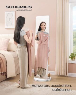 SONGMICS - 360 graden draaibare spiegel - staande spiegel - 163 cm hoog - 45 cm breed - met voet en opbergruimte aan de achterzijde - wit - LFM036W