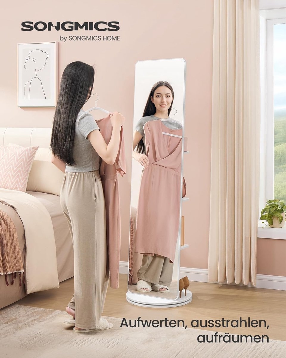 SONGMICS - 360 graden draaibare spiegel - staande spiegel - 163 cm hoog - 45 cm breed - met voet en opbergruimte aan de achterzijde - wit - LFM036W