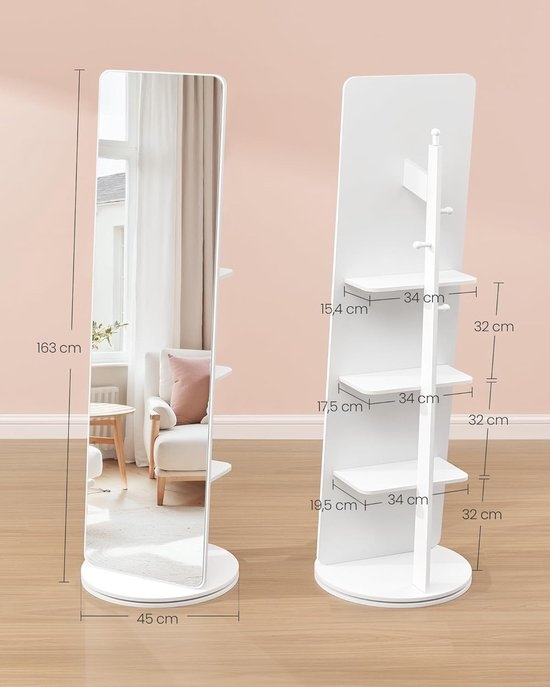SONGMICS - 360 graden draaibare spiegel - staande spiegel - 163 cm hoog - 45 cm breed - met voet en opbergruimte aan de achterzijde - wit - LFM036W - Afbeelding 3