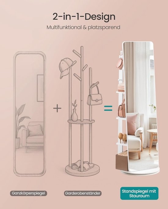 SONGMICS - 360 graden draaibare spiegel - staande spiegel - 163 cm hoog - 45 cm breed - met voet en opbergruimte aan de achterzijde - wit - LFM036W - Afbeelding 4