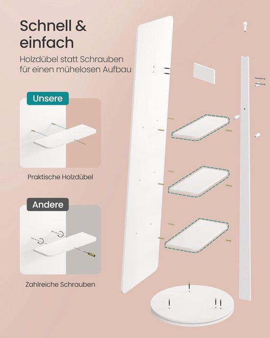 SONGMICS - 360 graden draaibare spiegel - staande spiegel - 163 cm hoog - 45 cm breed - met voet en opbergruimte aan de achterzijde - wit - LFM036W - Afbeelding 7