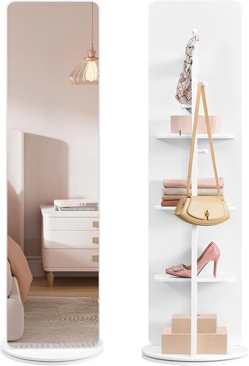 SONGMICS - 360 graden draaibare spiegel - staande spiegel - 163 cm hoog - 45 cm breed - met voet en opbergruimte aan de achterzijde - wit - LFM036W - Afbeelding 8