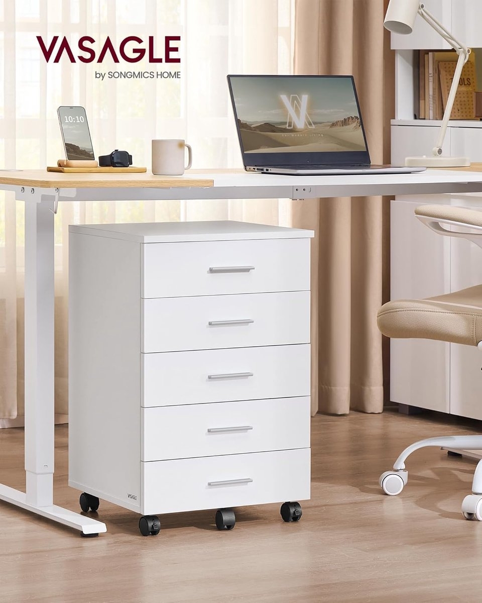 Rolkast - archiefkast met wielen - hoogte 65 cm - printerstandaard met 5 laden - met schuifrails, voor studie, thuiskantoor - wit OFC081W - Afbeelding 2