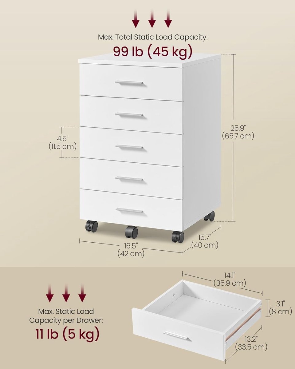 Rolkast - archiefkast met wielen - hoogte 65 cm - printerstandaard met 5 laden - met schuifrails, voor studie, thuiskantoor - wit OFC081W - Afbeelding 3