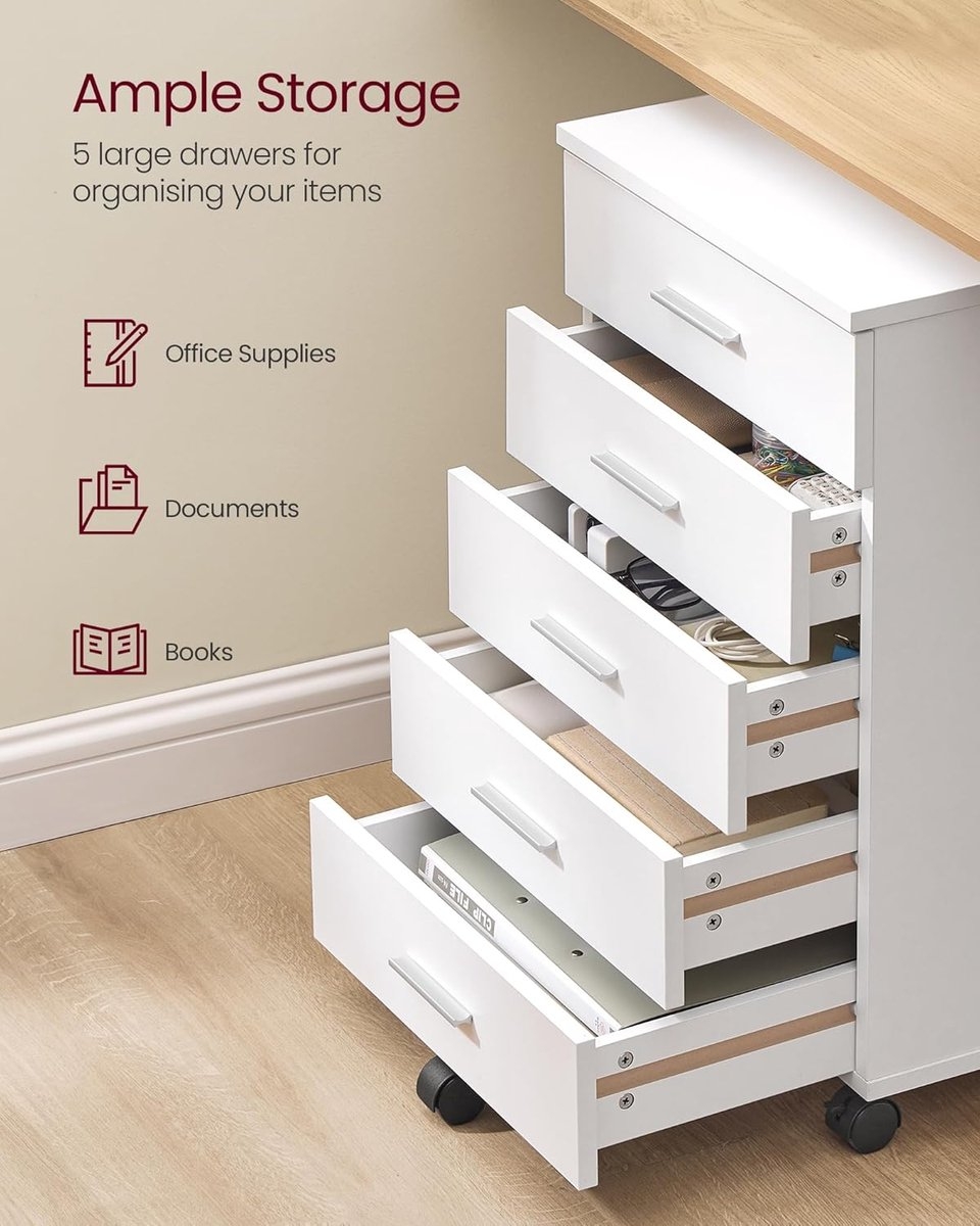 Rolkast - archiefkast met wielen - hoogte 65 cm - printerstandaard met 5 laden - met schuifrails, voor studie, thuiskantoor - wit OFC081W - Afbeelding 4