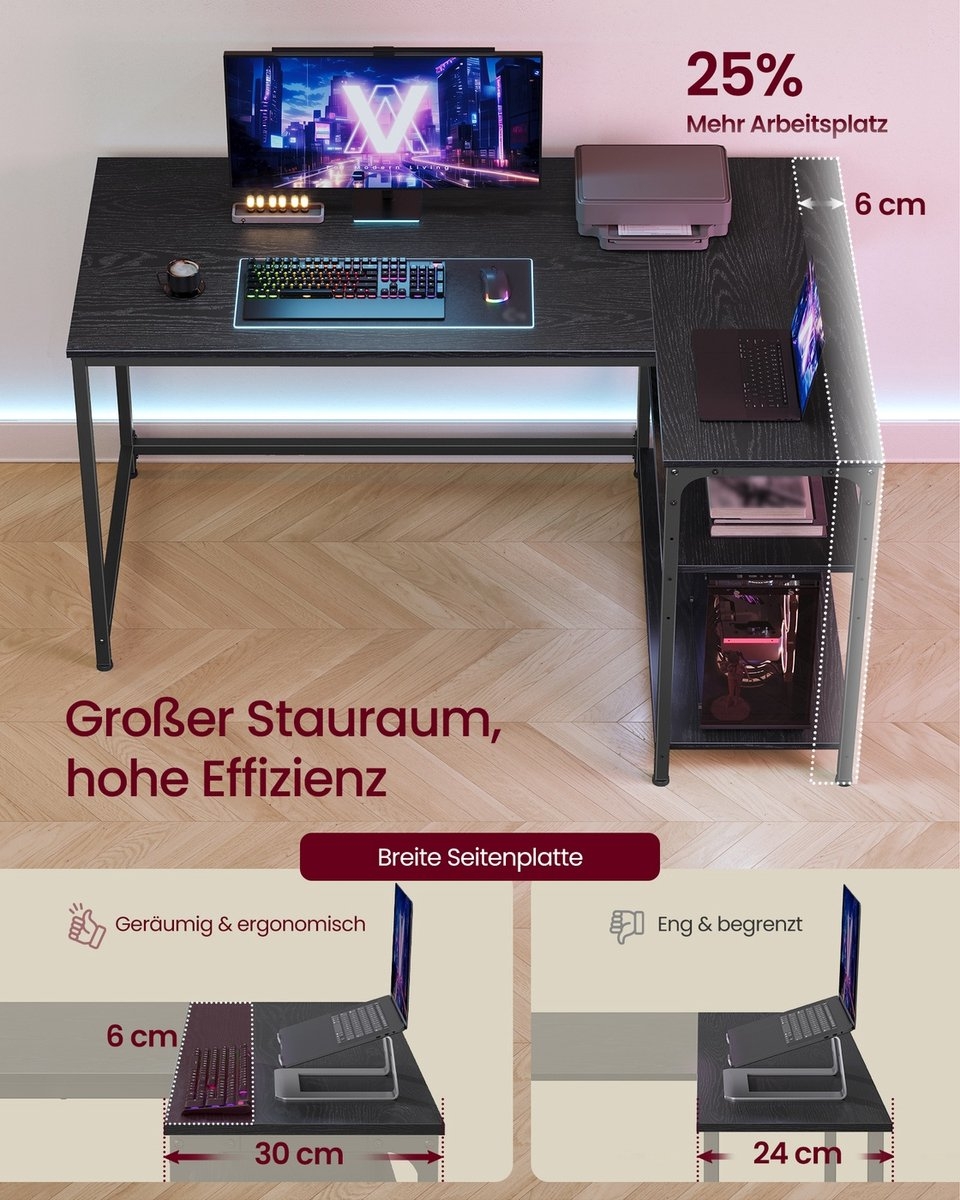 L-vormig hoekbureau met in hoogte verstelbare plank - bureau 120 x 80 x 76 cm - Ebbenzwart - LWD136BE - Afbeelding 3