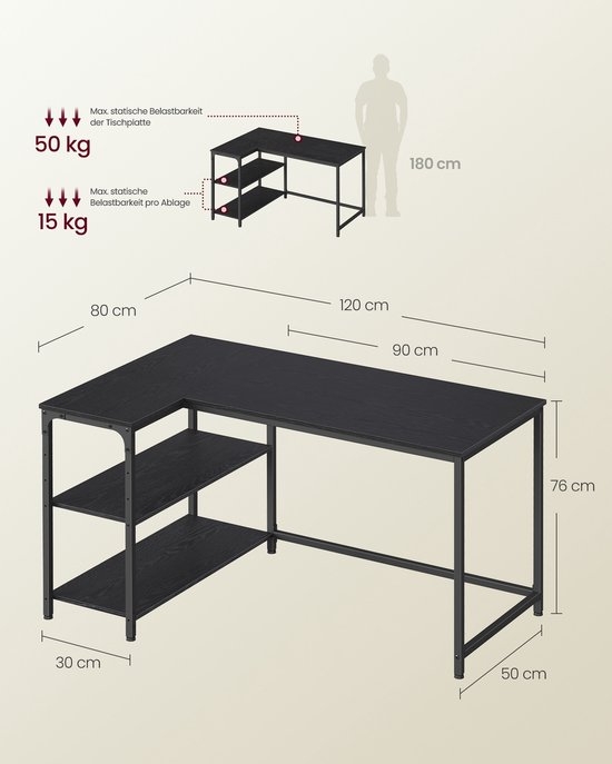 L-vormig hoekbureau met in hoogte verstelbare plank - bureau 120 x 80 x 76 cm - Ebbenzwart - LWD136BE - Afbeelding 5