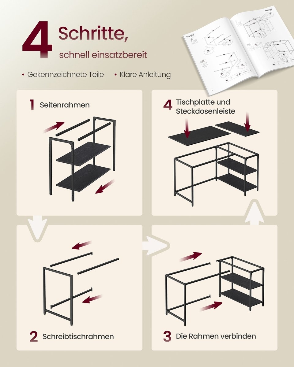 L-vormig hoekbureau met in hoogte verstelbare plank - bureau 120 x 80 x 76 cm - Ebbenzwart - LWD136BE - Afbeelding 6