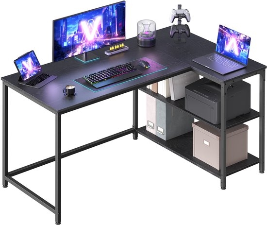 L-vormig hoekbureau met in hoogte verstelbare plank - bureau 120 x 80 x 76 cm - Ebbenzwart - LWD136BE