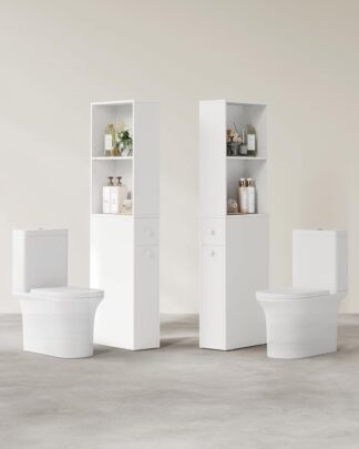 Badkamerkast - hoogte 135 cm - vrijstaand smal opbergmeubel met laden en verstelbare plank - hoogte voor kleine ruimtes, moderne stijl - klassiek wit - BBK567T
