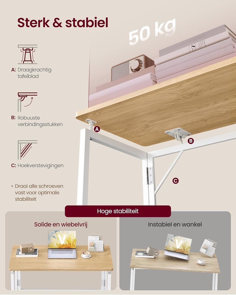 Klein bureau - inklapbaar - computertafel - tafelblad uit één stuk - 80 x 40 cm - natuurlijke eikenkleuren - Afbeelding 3