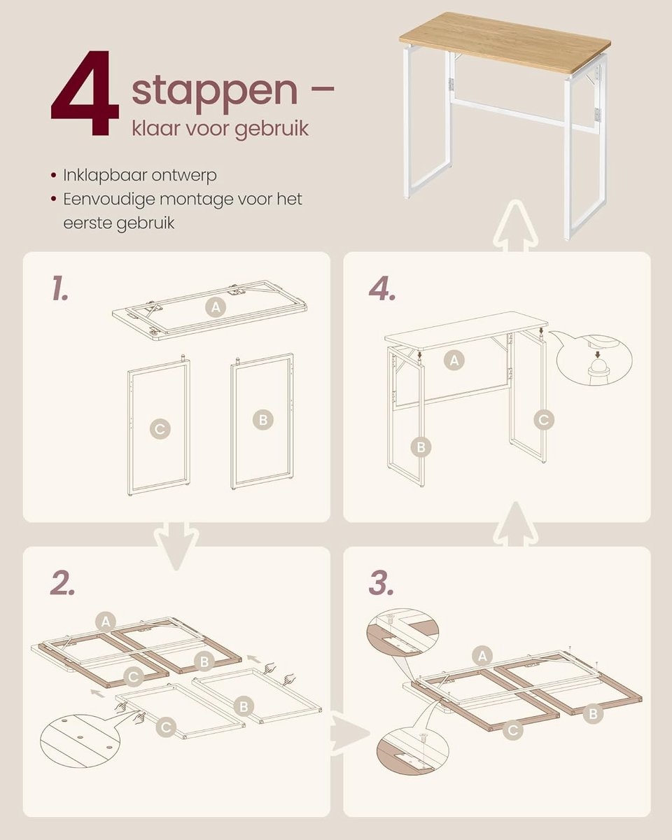 Klein bureau - inklapbaar - computertafel - tafelblad uit één stuk - 80 x 40 cm - natuurlijke eikenkleuren - Afbeelding 4