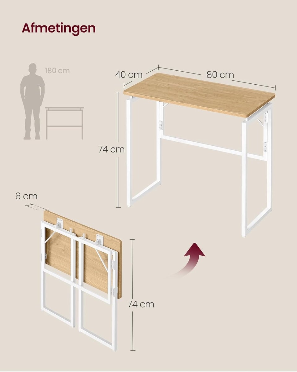 Klein bureau - inklapbaar - computertafel - tafelblad uit één stuk - 80 x 40 cm - natuurlijke eikenkleuren - Afbeelding 5