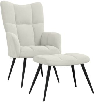 Relaxstoel  - stoel met voetenbank - fluweel - crèmewit - zwart metalen frame