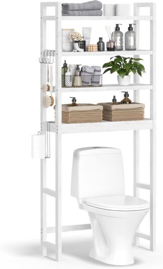 Toiletrek - opbergrek voor over de wc / toilet - 185 cm hoog - hout - meerdere opbergniveaus - hout - wit - BTW041W