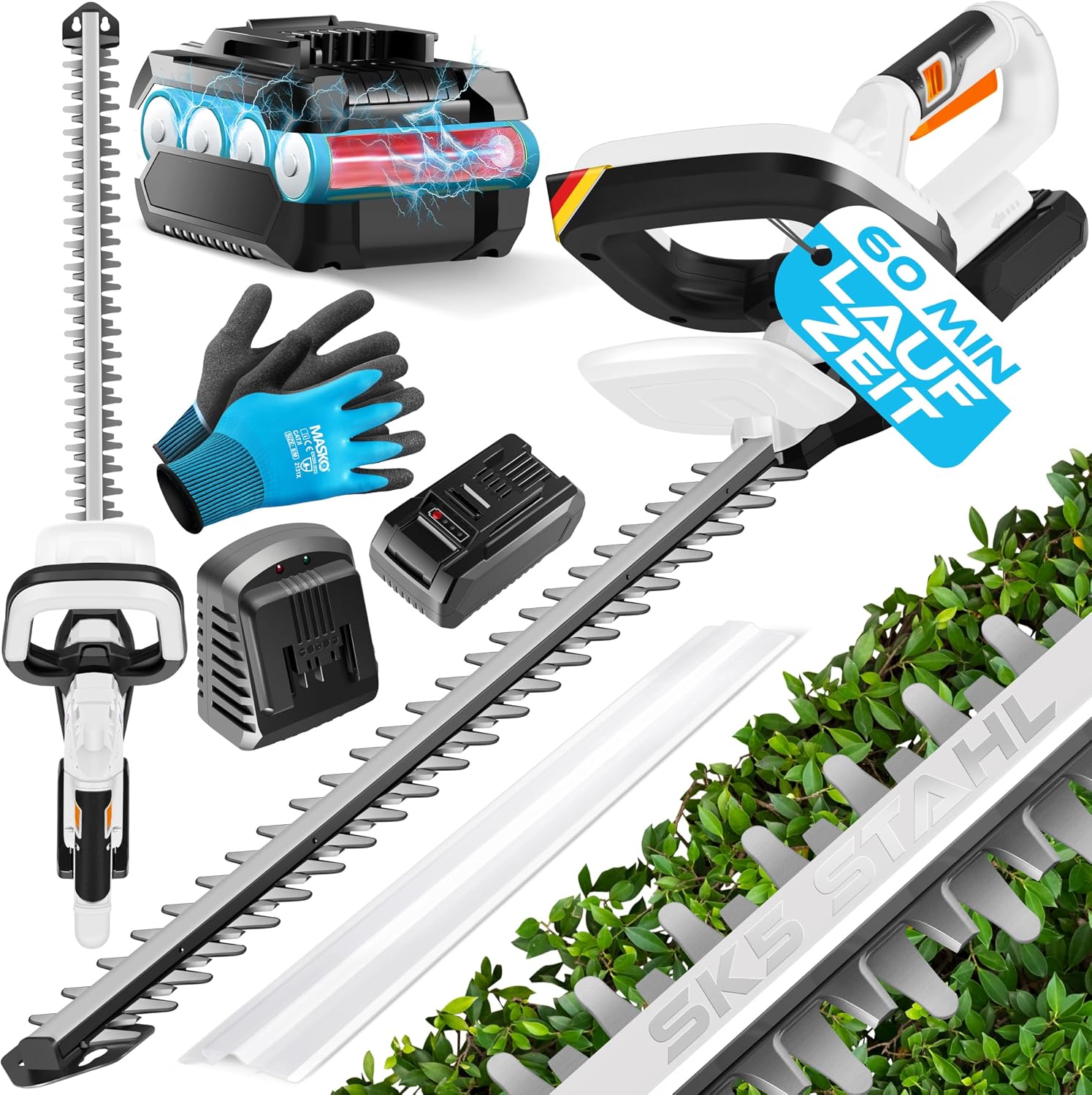 Accu heggenschaar - 57cm snijlengte - incl. handschoenen, beschermhoes en 21 V accu 2,0 Ah accu met oplader - wit