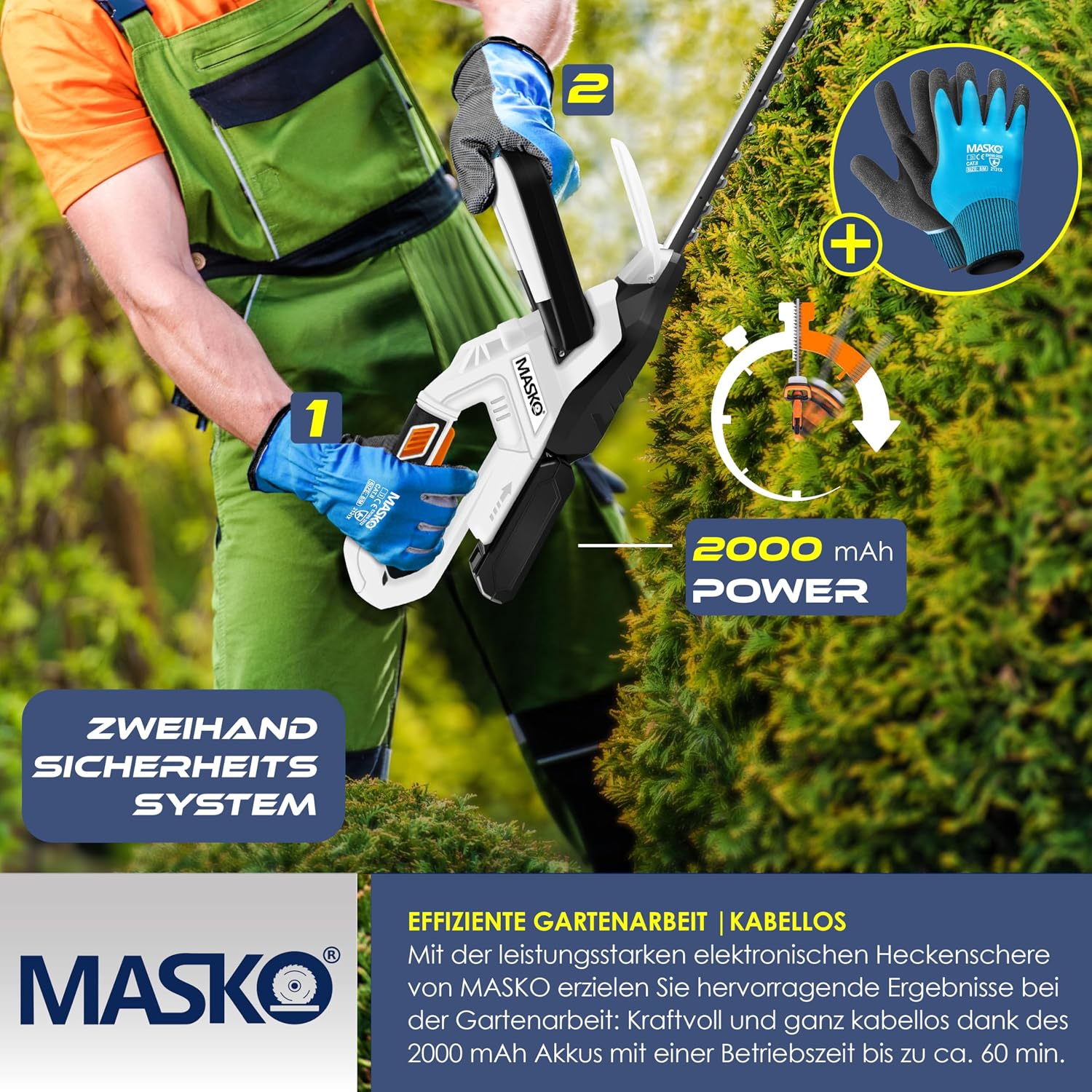 Accu heggenschaar - 57cm snijlengte - incl. handschoenen, beschermhoes en 21 V accu 2,0 Ah accu met oplader - wit - Image 5